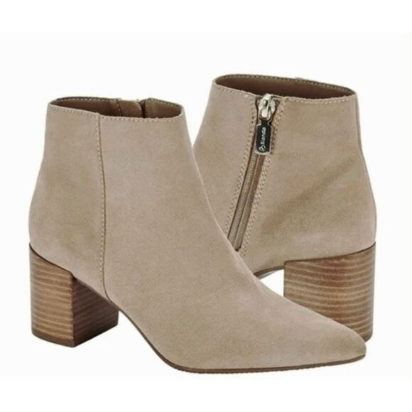 Blondo Suede Ankle Boots Block Heel Pointed Toe Taupe Booties ShoesSize 8 - Picture 1 of 8